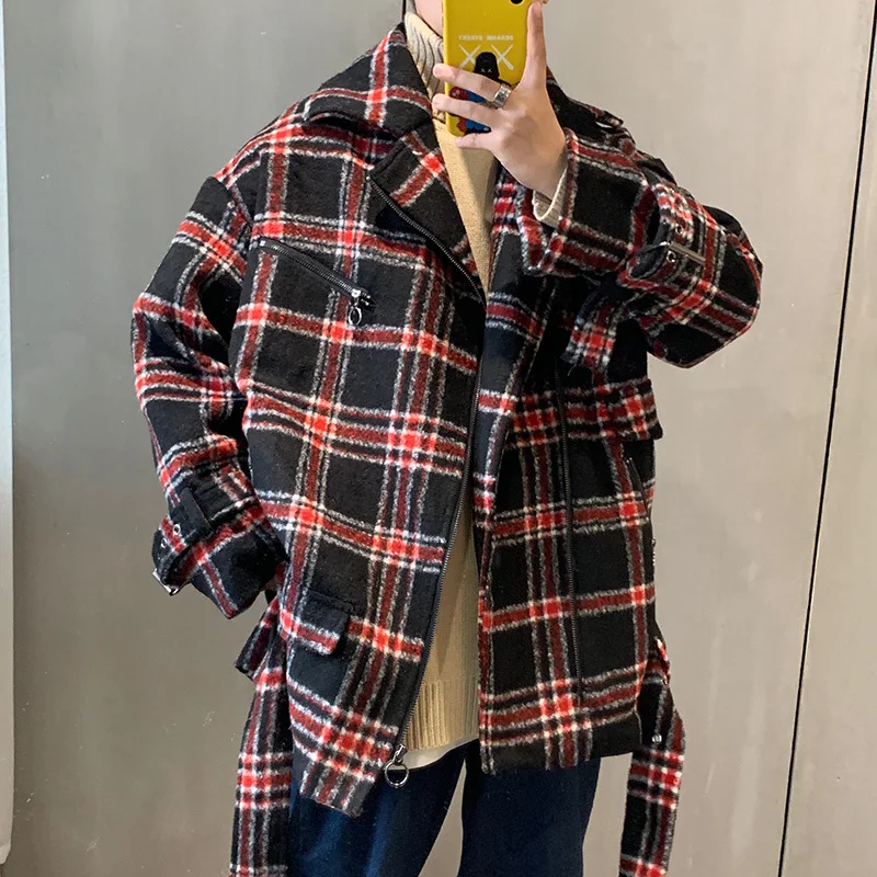 2019 Autumn And Winter New Men's Red And Black Plaid College Style Jacket Fashion Casual Classic Loose Woolen Coat M-3XL 2019 Autumn And Winter New Men's Red And Black Plaid College Style Jacket Fashion Casual Classic Loose Woolen Coat M-3XL
