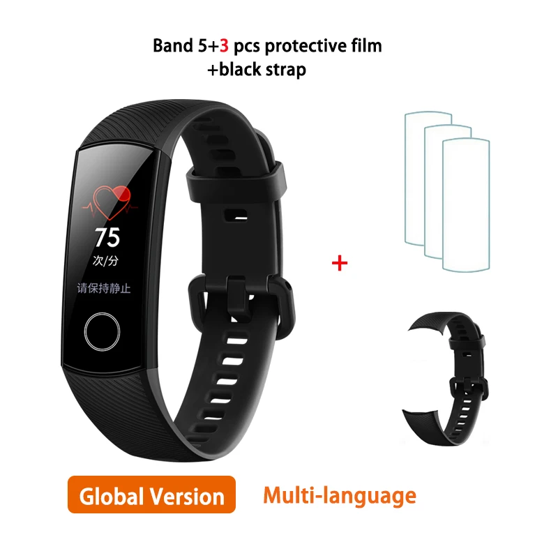 EN Black strap film Смарт-браслет huawei Honor Band 5, глобальная версия AMOLED 0,95 '', сенсорный экран, 5 АТМ, умный браслет с кислородом для измерения пульса в крови - Цвет: EN Black strap film