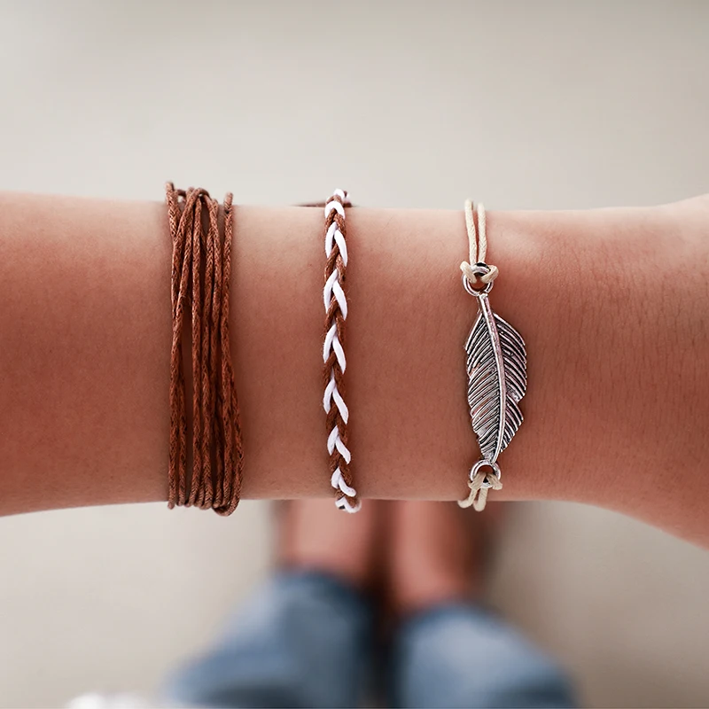 

HuaTang Boho Brown Rope Leaf Handwork Braided Bracelets for Women Adjustable Multi-layer Bracelet Set Pulsera 3pcs/set 8352