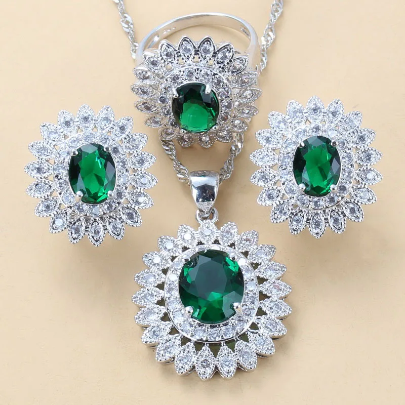 Green 3piece set Красивый цветок зеленый циркониевый белый кристалл 925 стерлингового серебра 4 комплект ювелирных изделий серьги, ожерелья кольцо для женщин - Окраска металла: Green 3piece set