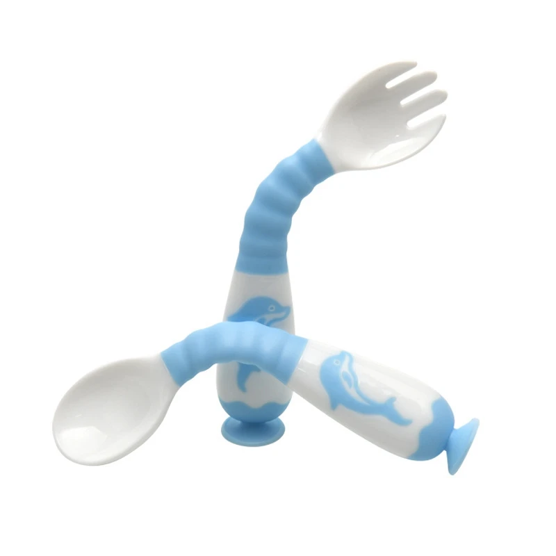 

Creative Flexible Suction Cup Baby Twist Spoon Fork Set Baby Safe Fork Spoon Baby Feeding Training Spoon Tableware New