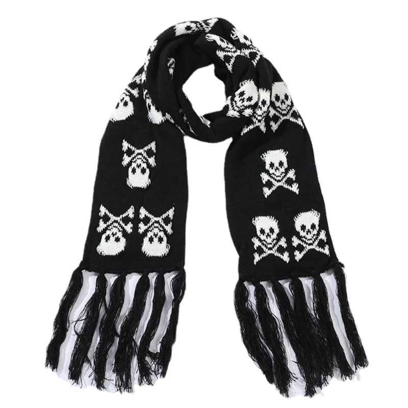 

Scarf With Fringes For Men Black And White Stylish Knitted Wool Feel Long Fashion Scarf With Fringes Skull Crossbones