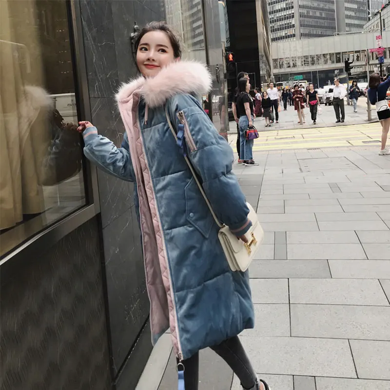 blue Colorful Fur Coat Hooded Winter Down Coat Jacket Velvet Warm Loose Cotton padded Wadded Parkas Big Pocket - Color: blue