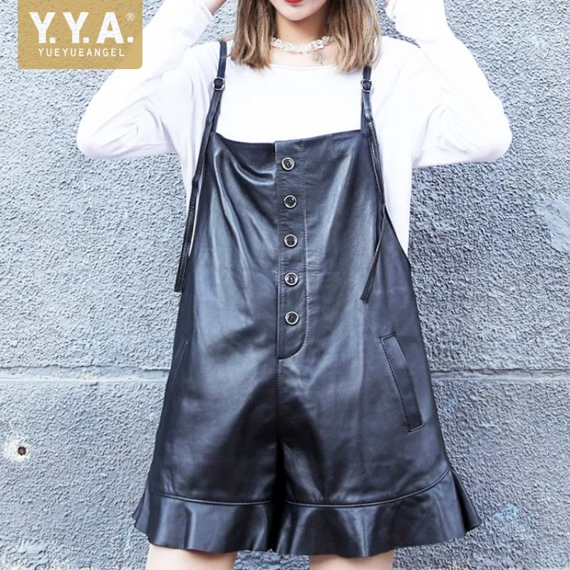 

Harajuku Women Loose Fit Ruffles Overalls Sheepskin Genuine Leather Straps Shorts Casual Streetwear Female Wide Leg Flare Shorts