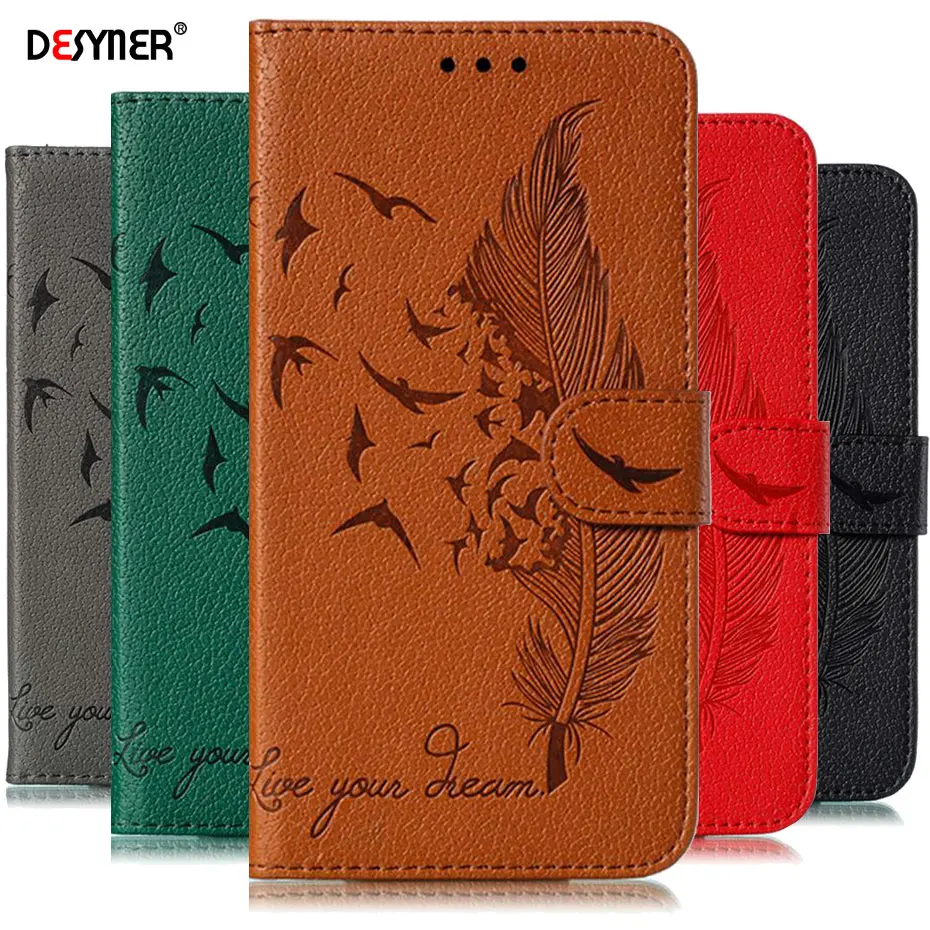 

PU Leather Flip Case For Motorola Moto G7 Z4 Play Power 3D Feather Relief Wallet Cover For Motorola Moto E6 ONE Pro Funda Case