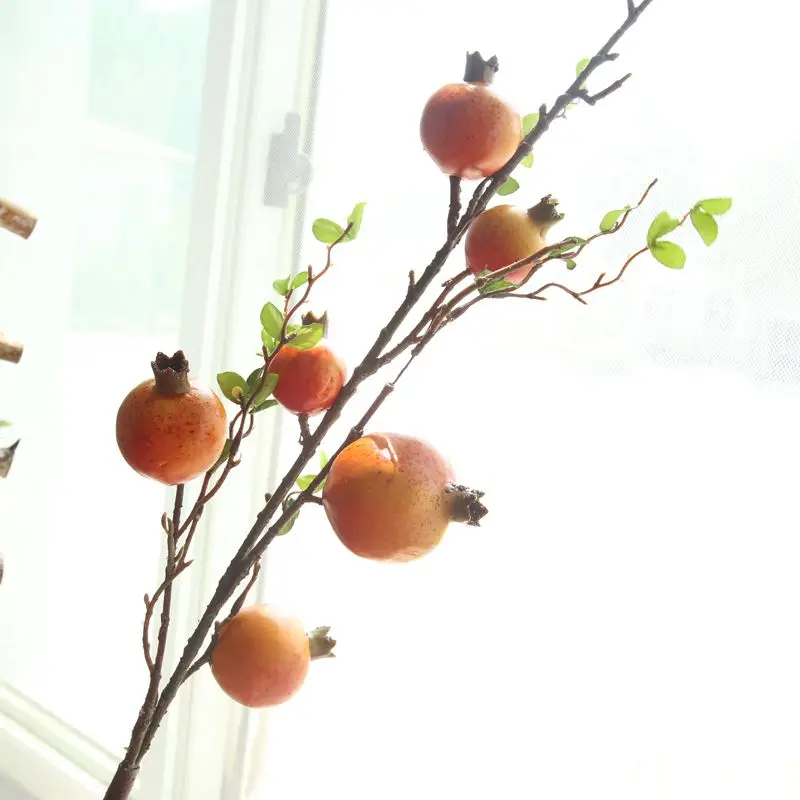 6 головок искусственный цветок гранат ветка украшения фруктовые листья композиция пена поддельные фрукты граната для гостиной комнаты