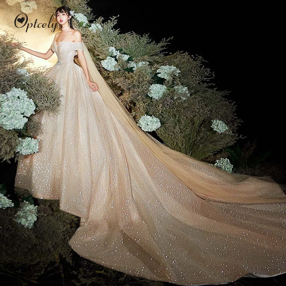 Optcely Robe De Mariee роскошное бальное платье шампанского с открытой спиной и открытыми плечами Свадебные платья качественное блестящее платье невесты