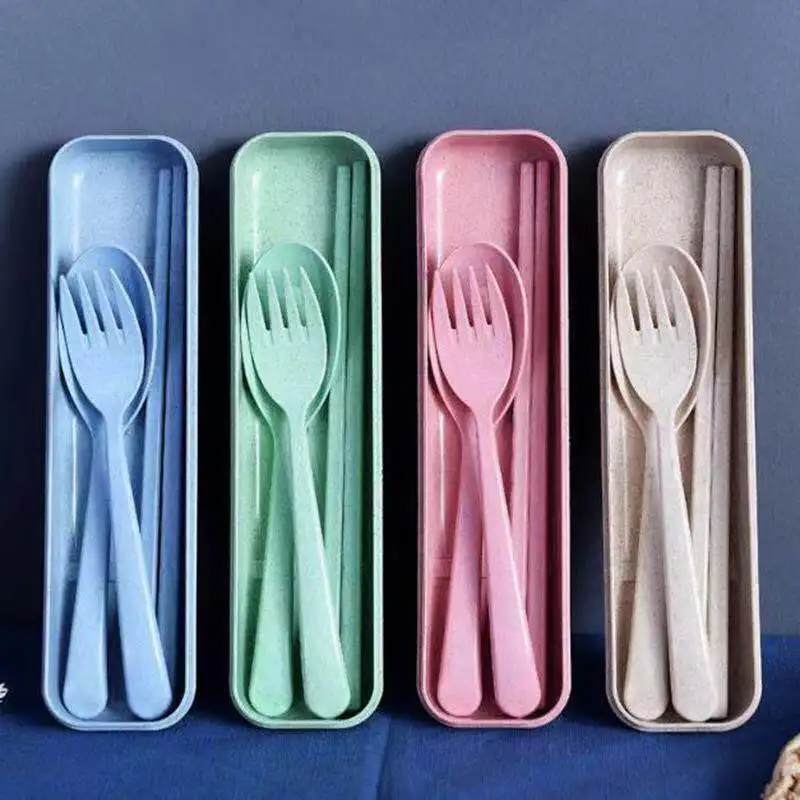 

Portable wheat straw tableware set outdoor camping travel cutlery set spoon + fork + chopsticks + storage box reusable