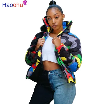 

HAOOHU Camo Winter Jacket Women Men Plus Size Clothing Down Bubble Coat Tops Warm Thick Parka Outerwear Oversized Puffer Jacket