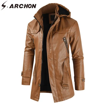

S.ARCHON PU Leather Hoodie Jacket Men 2020 Zipper Slim Fit Faux Leather Jacket Winter Casual Motorcycle Jacket Male Outerwear