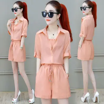 

Summer Women' Suit 3 Piece Set Chiffon Blouses Tank Tops + Loose Shorts Outfit Wide Leg Short Sleeve Woman Suits Plus Size WF246