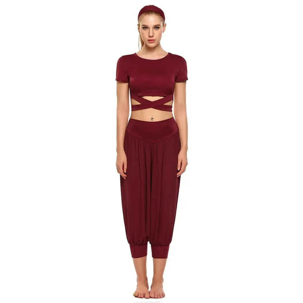 Women 3 Pieces Yoga Set Short Sleeve Crop Cropped Solid Top Chiffon Pants Summer Elastic Headband Set Fitness