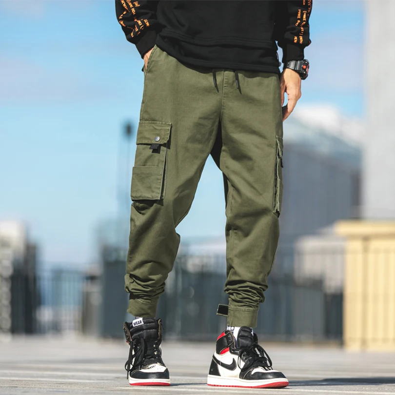 Уличная одежда, черные брюки, хлопок, осень, зима, эластичная талия, мужские брюки, повседневные, для бега, много карманов, брюки карго, мужские, M-5XL