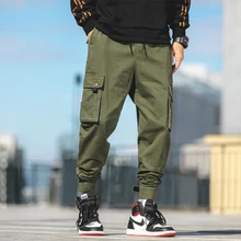 Уличная одежда, черные брюки, хлопок, осень, зима, эластичная талия, мужские брюки, повседневные, для бега, много карманов, брюки карго, мужские, M-5XL