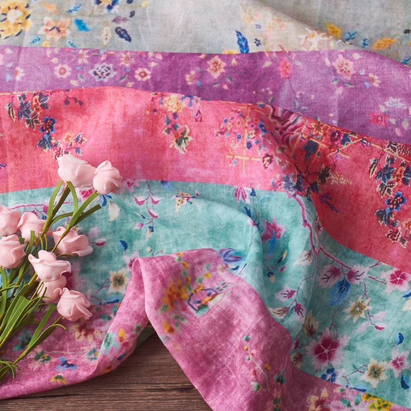 Натуральная ткань рами Четырехцветная полоса печати tissu высокого класса платье, путешествия платье и ткани одежды