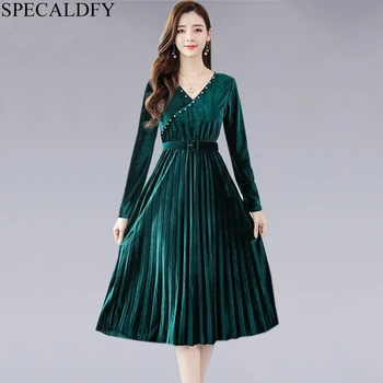 

High Quality Winter Dress Women Long Sleeve Pleated Dress Ladies Elegant Office Party Dresses Tunic Casual Vestidos Robe Femme
