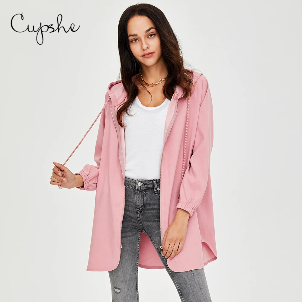 Best  CUPSHE Solid Pink Oversized Zip Hooded Coats Jackets Woman Casual Long Sleeve Sweatshirts 2019 Spri