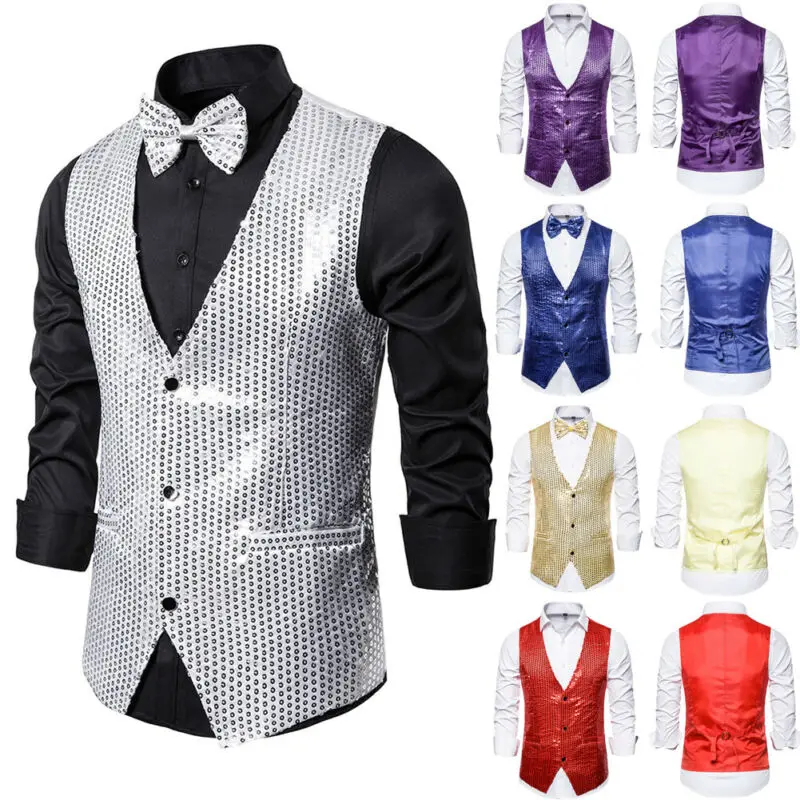 Fashion Men Shiny Sequin Glitter Coat Vest Men Formal Sequin Glitter