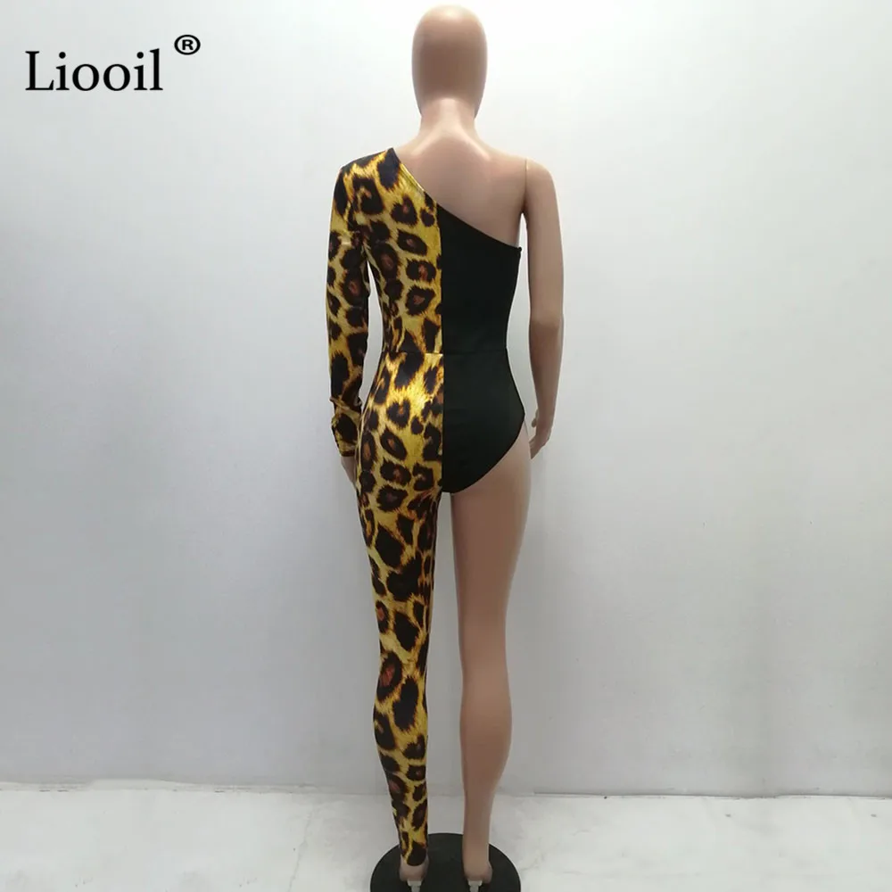 Liooil Цвет блок с леопардовым принтом пикантные комбинезоны для Для женщин асимметричное платье на одно плечо вечерние Клубные комбинезоны брюки Single