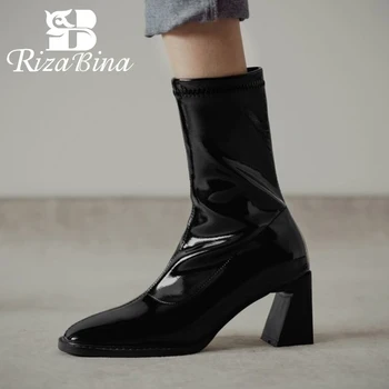 

RIZABINA Women Mid Calf Boots Thick Heel Zipper Shoes Patent Leather Square Toe Warm Boots Women Fashion Footwear Size 33-40