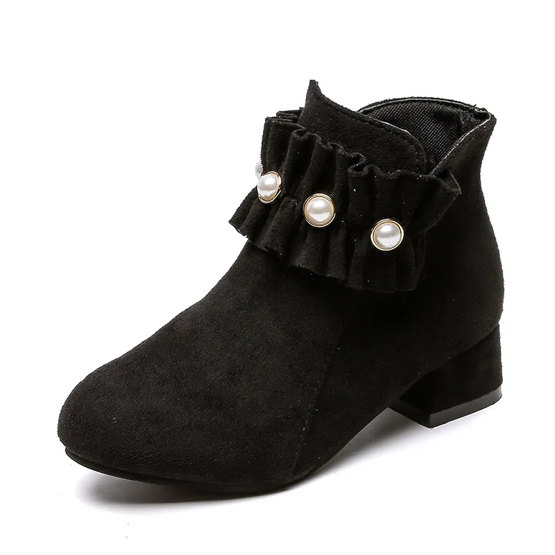 Children Boots For Girls Big Kids Ankle Princess Sweet Pleated Ruffles With Pearls Beading High Heels Cotton Chic Hot | Детская одежда