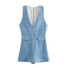 

2021 Summer New High Waist Y2k Fall Elegant Fashion Streetwear Indie Tweed Women Blue Jumpsuit Korean V Neck Short Jumpsuit