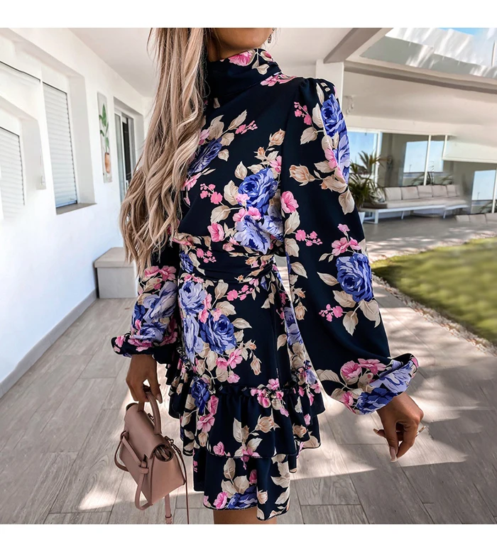 Southpire Navy Floral Print Loose Style Mini Dress Women Long Sleeve High Neck Party Dress Ladies Day Casual Clothes Spring 2022