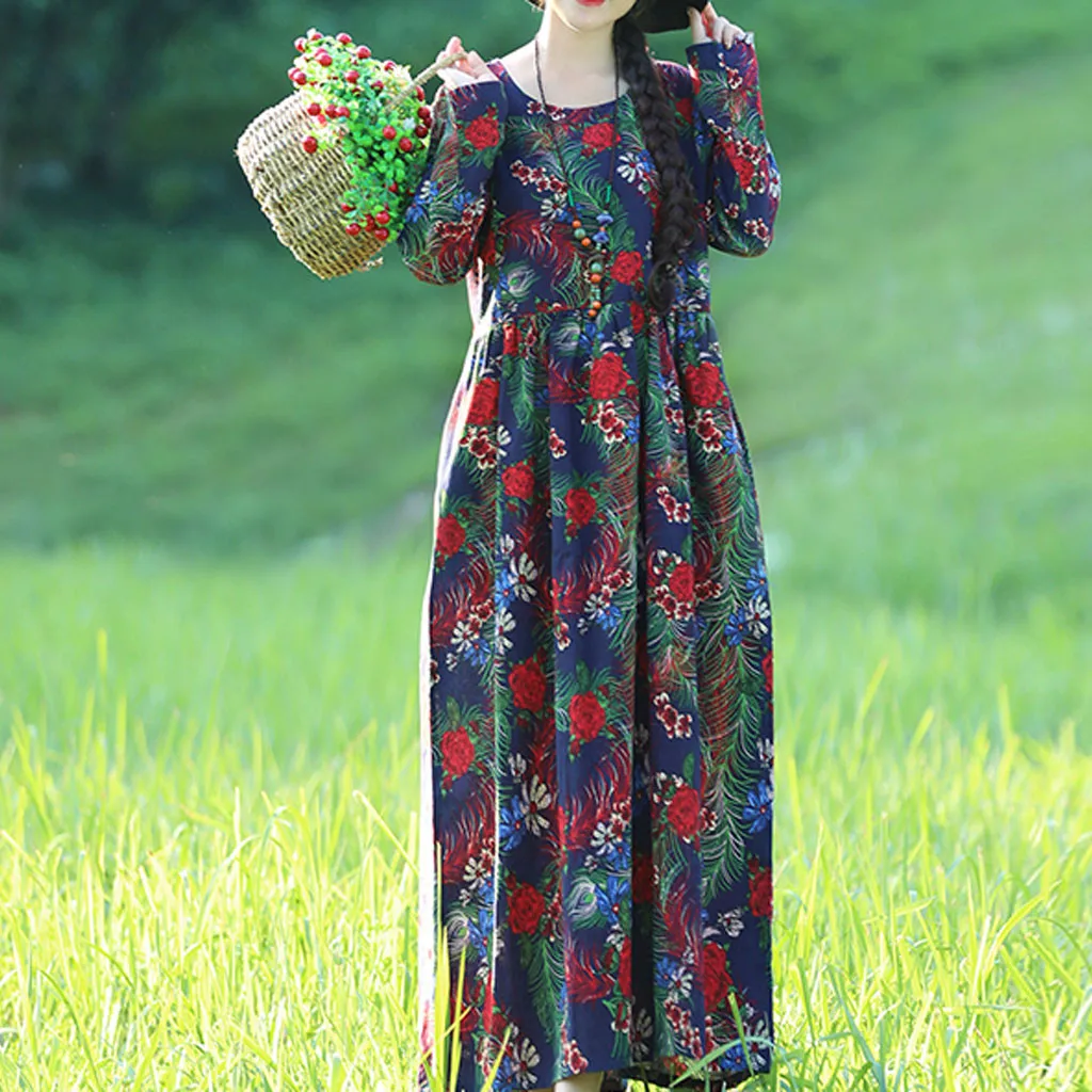 Long Sleeve Spring Dress Women Holiday Loose Flower Printed Mid-Calf Chic Dresses High Waist Casual Elegant #30 | Женская одежда