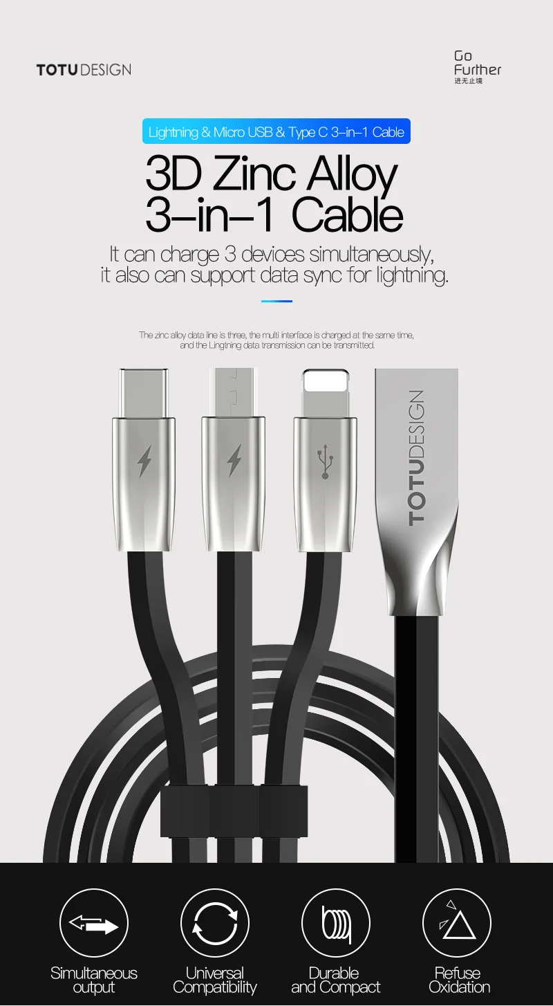 TOTU 3 в 1 USB кабель для телефона зарядное устройство для iPhone Xs Max Xr X 8 7 Быстрая зарядка Android Micro type C освещение USB кабель зарядное устройство