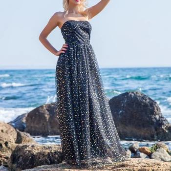 

HIGH STREET New Fashion 2020 Designer Party Dress Women's Strapless Dot Sequined Gauze Long Dress