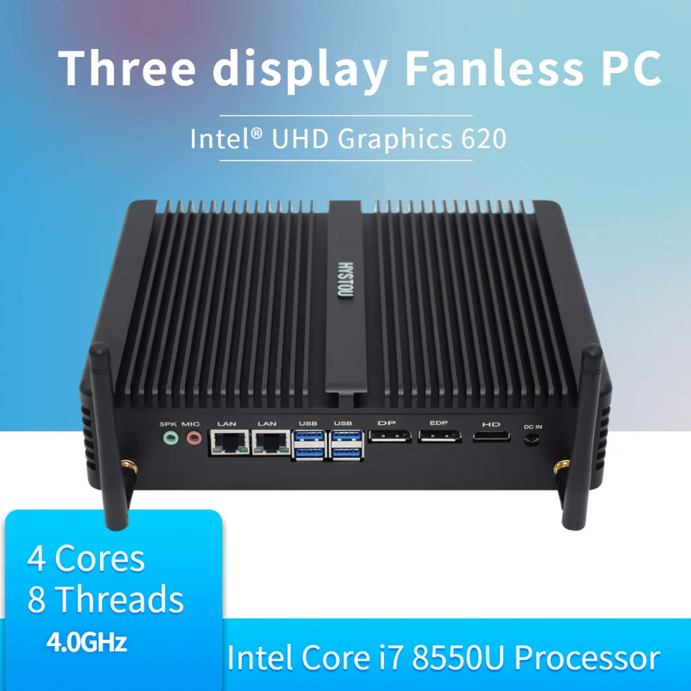 Мини компьютер промышленный без вентилятора i7 8550U i5 8250U linux HDMI 2 0 DP 3 года