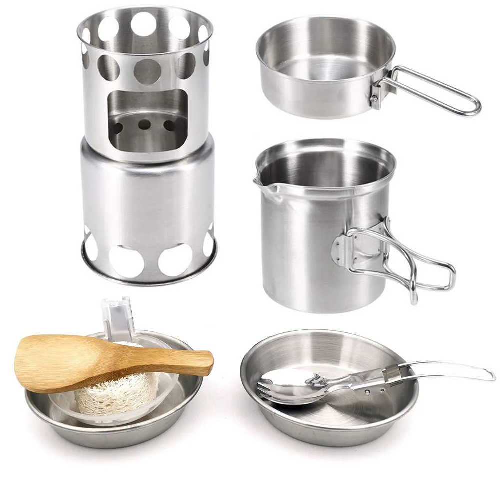 304 Stainless Steel Camping Cookware Set with Wood Stove Protable Hiking Tool