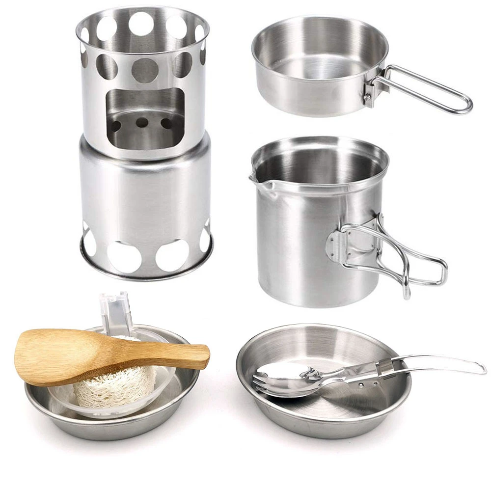 Camping Pot Set Foldable Handle Camping Pans Wood Stove 304 Stainless