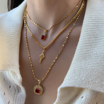 

Fashionable multi-layer stacked Quality Ruby Pendant Necklace Fashion retro sweater chain women fashion