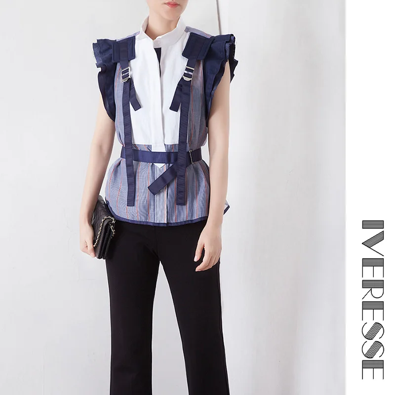 

IVRESSE Striped Hit Color Ruffle Patchwork Women Blouse Stand Collar Sleeveless Casual Tunic Shirt Female Fashion 2019 Autumn