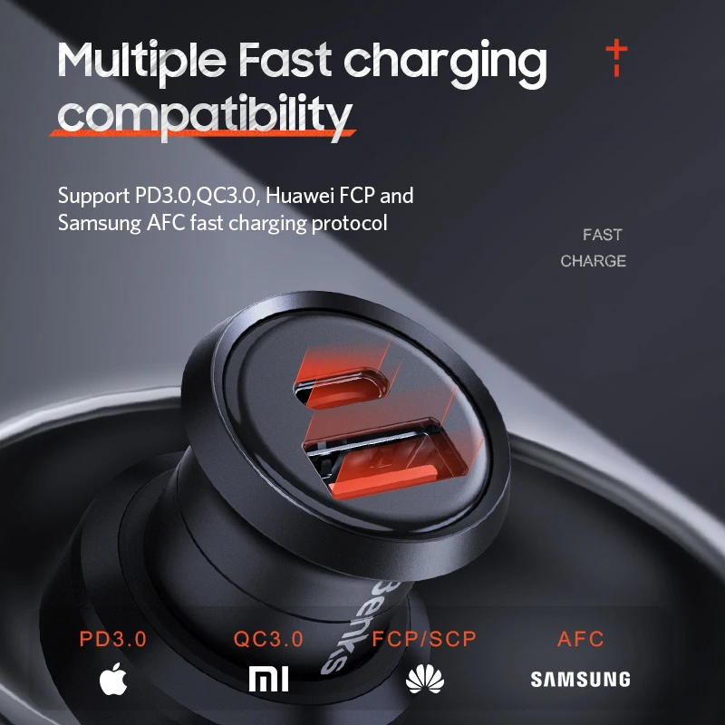 Benks Car Charger Dual Port PD QC 4.0 30W Type C Fast Charging Charger Quick Charge 3.0 For iphone 11 Pro Sumsung Huawei Xiaomi