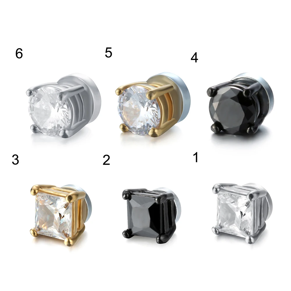 New Unisex Stainless Steel Round CZ Magnetic Non-Piercing Clip On Stud Earrings Crystal Square/Round Ear Stud For Men Women