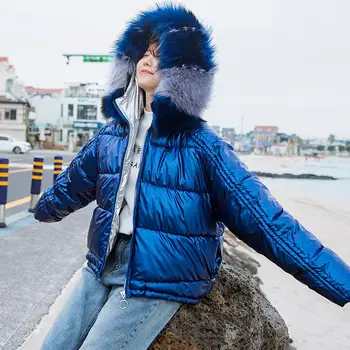 

Winter Shiny Short Jacket Women's Leather Collar Loose Zipper Padded Cotton Parka Shiny Side Silver Hooded Clothing