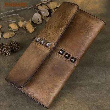 

PNDME vintage genuine leather men's long rivet design clutch wallet fashion luxury natural real cowhide women's phone coin purse