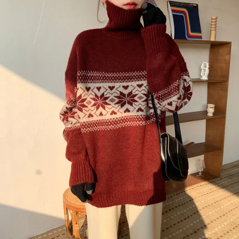 

Fashion Women's Autumn winter Turtleneck Christmas Sweater Undershirt Loose Lazy Sweaters Thicken Warm Casual Pullover Plus Size