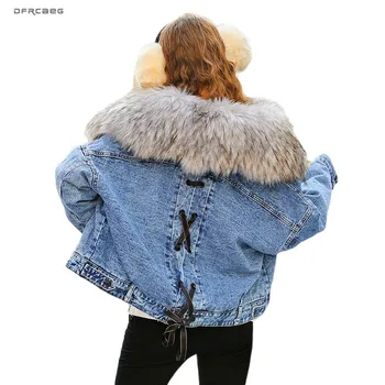 

Loose Warm Thicken Hood Jeans Jacket Women Winter 2019 Fashion Long Sleeve Big Fur Collar Hoodie Ladies Denim Coats Outerwear