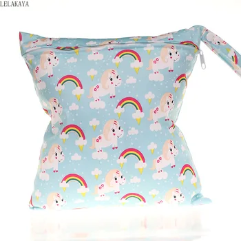 

28*30cm Reusable Washable Cartoon Printed Baby Cloth Nappy Diaper Bag With Zipper Waterproof Wet Dry Handle Bags Drop Shipping