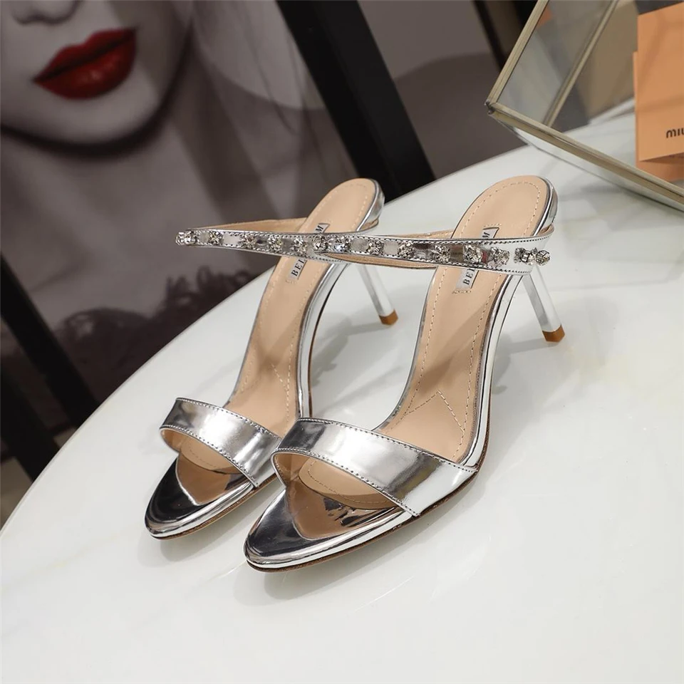 

SONFRNCH Summer 2019 New-style Women's Fine-heeled Sandals with Water Diamond Lacquer Leather Sexy Fairy Wind High-heeled