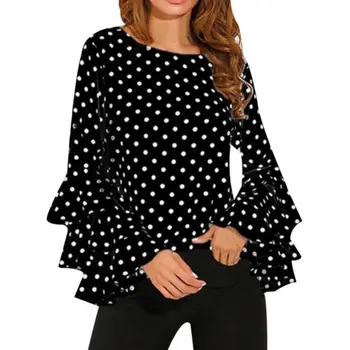 

Women Blusas Polka Dot Print Flare Sleeve Shirts O-neck Long Sleeve Chiffon Blouse Tops Korean White Black Blouse