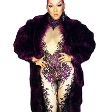 

Personality Performance Costume Backless Pattern Printing Rhinestones Jumpsuit Women Fur Coat Nightclub Costumes Dance Wear