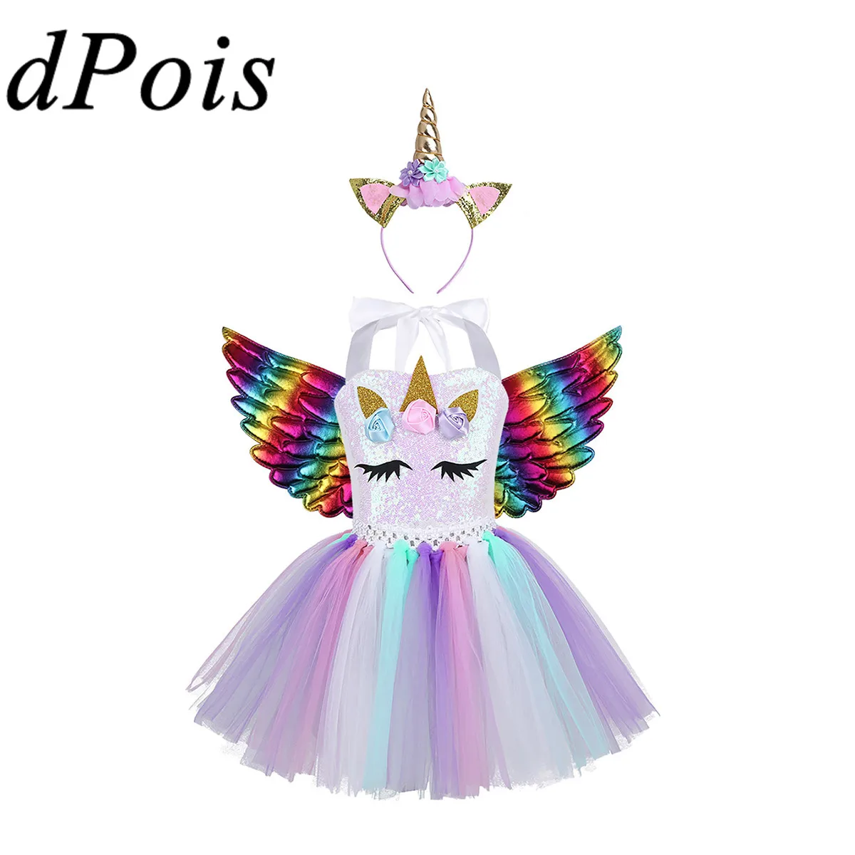DPOIS/Детские костюмы для косплея аниме для девочек; одежда для ролевых игр на Хеллоуин; блестящая сетка с объемными цветами; платье из тюля и крылья ангела