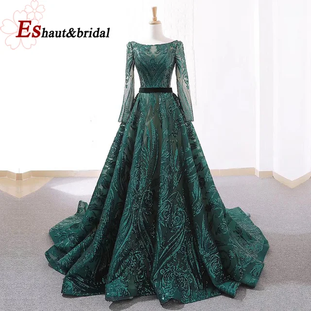 Dubai A-Line Luxury Wedding Evening Night Dresses Muslim 2022 Vintage Long Sleeves Sequin Sparkle Formal Prom Party Gowns 1