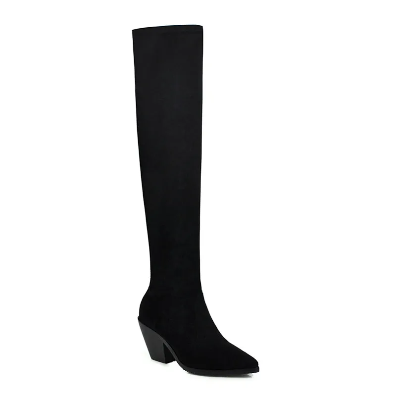 black flock MORAZORA/ Новое поступление; женские ботфорты выше колена; Узкие Стрейчевые сапоги с острым носком без застежки; женские вечерние туфли на высоком каблуке для выпускного - Цвет: black flock