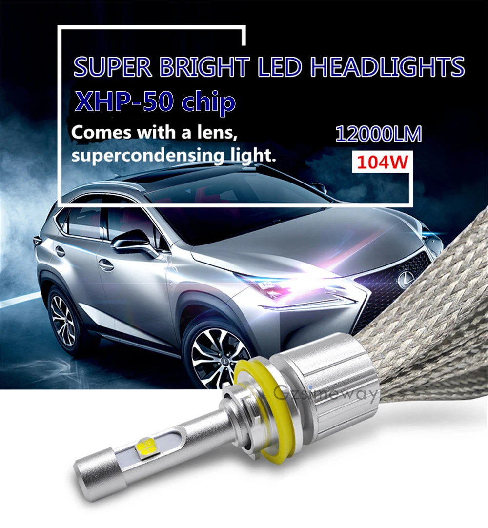 2 шт. Автомобильный свет H4 LED H7 H1 H11 9005 D1S D2S лампы 4300K желтый 104W 12000LM с XHP50