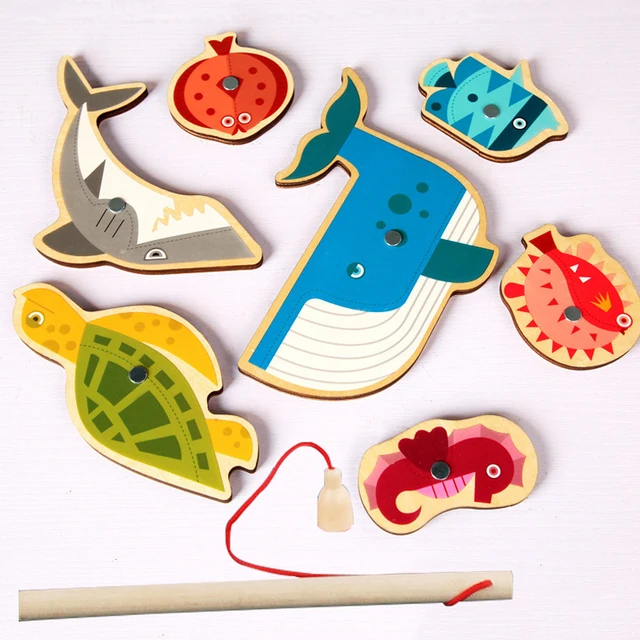 Magnetic Fishing Game Cartoon Marine Life Cognition Fish Rod Early Education Parent-child Interactive Wooden Toys For Children 4
